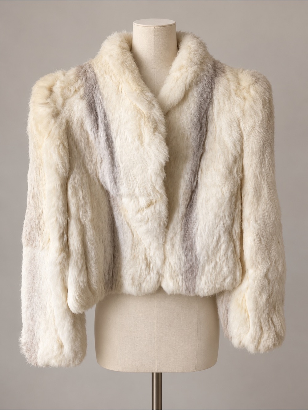 Vintage J.S.L. II Genuine Rabbit Fur Cropped Jacket Ivory Gray Side Pockets S/M